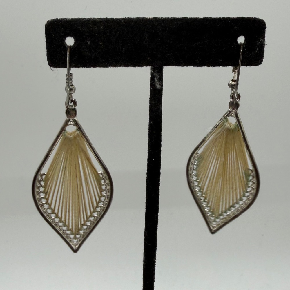 Boho Silver Tone Diamond String Art Drop Earrings Cream Thread Dangle